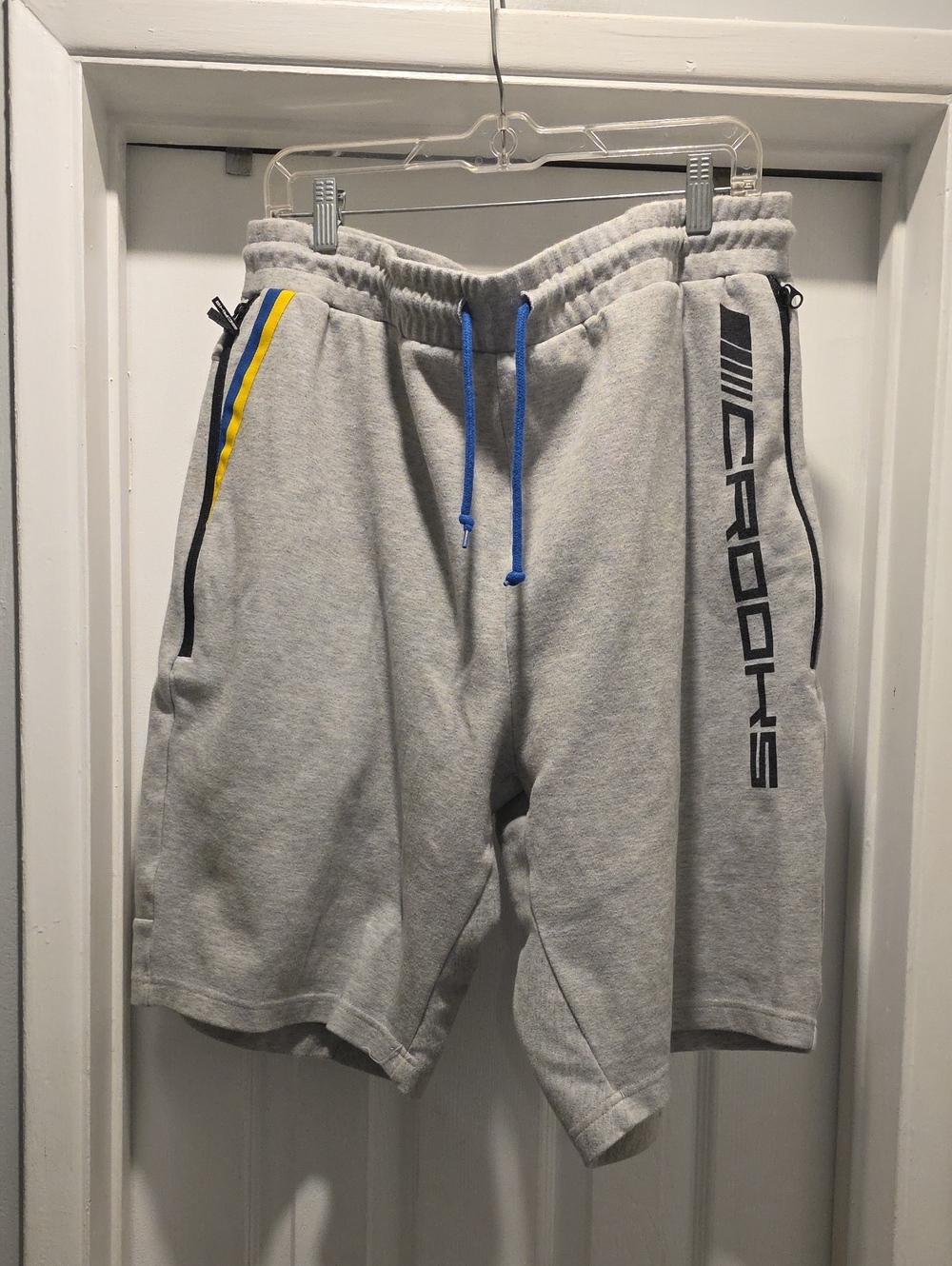 Crooks & Castles Gray Athletic Shorts with Blue Drawstring and Yellow Trim